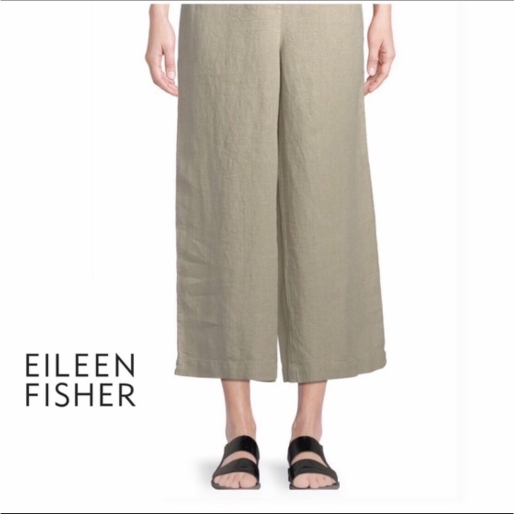 Eileen Fisher Olive-Tone Wide Leg Linen Crop Pants